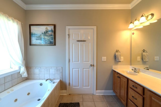 2317 Saint Andrews Dr, Murfreesboro, TN 37128 - full bathroom with tile patterned flooring, vanity, a tub with jets, crown molding, and baseboards