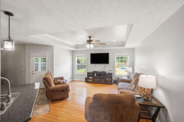 324 Airport Rd, Portland, TN 37148 - living room featuring a tray ceiling, light wood finished floors, plenty of natural light, and ceiling fan