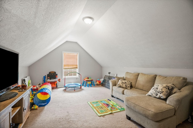 324 Airport Rd, Portland, TN 37148 - rec room featuring vaulted ceiling, carpet, and a textured ceiling