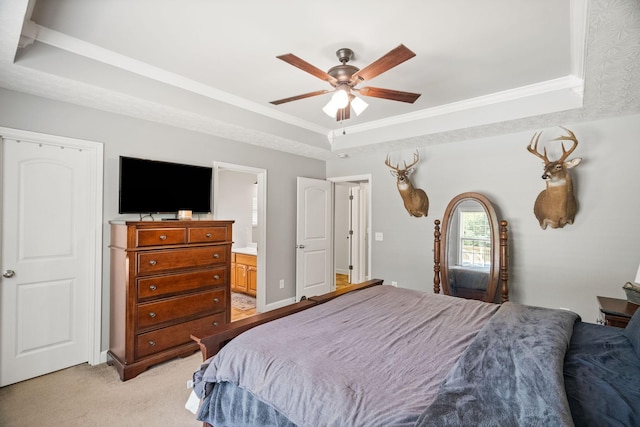 324 Airport Rd, Portland, TN 37148 - bedroom featuring a tray ceiling, light carpet, crown molding, a ceiling fan, and ensuite bathroom