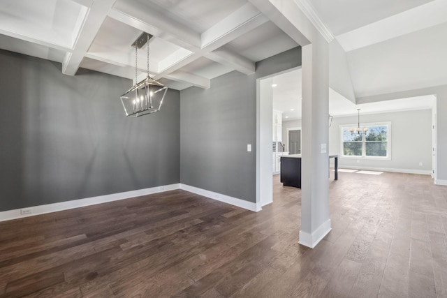 2200 Hamilton Chambers Rd, Lebanon, TN 37087 - unfurnished room with a chandelier, baseboards, dark wood-style flooring, coffered ceiling, and beam ceiling