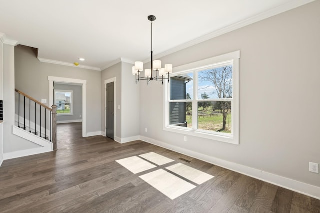 2200 Hamilton Chambers Rd, Lebanon, TN 37087 - spare room featuring baseboards, a chandelier, ornamental molding, wood finished floors, and stairs
