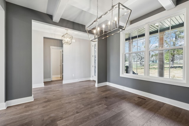 2200 Hamilton Chambers Rd, Lebanon, TN 37087 - unfurnished dining area with a chandelier, beam ceiling, dark wood-style flooring, and baseboards