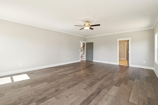 2200 Hamilton Chambers Rd, Lebanon, TN 37087 - empty room featuring ceiling fan, dark wood-style flooring, crown molding, stairs, and baseboards