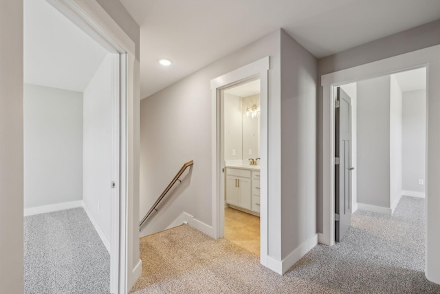 2200 Hamilton Chambers Rd, Lebanon, TN 37087 - hall featuring an upstairs landing, light colored carpet, baseboards, and recessed lighting