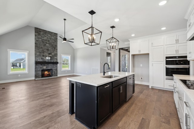 2200 Hamilton Chambers Rd, Lebanon, TN 37087 - kitchen featuring a sink, dark cabinetry, white cabinetry, stainless steel dishwasher, and a fireplace
