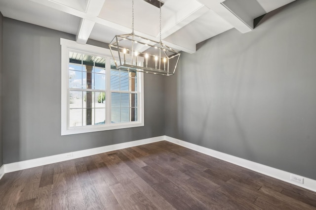2200 Hamilton Chambers Rd, Lebanon, TN 37087 - unfurnished dining area featuring a chandelier, dark wood finished floors, beamed ceiling, baseboards, and coffered ceiling