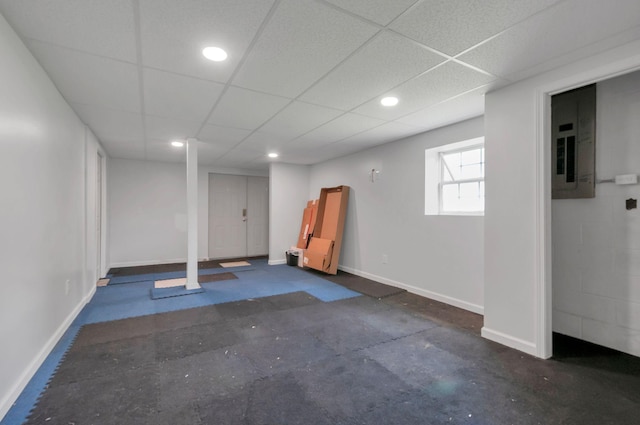 7108 Gregory Ct, Fairview, TN 37062 - below grade area with electric panel, baseboards, a paneled ceiling, and recessed lighting