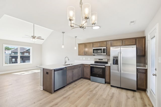 837 Macon Ln, Clarksville, TN 37042 - kitchen featuring appliances with stainless steel finishes, light wood-type flooring, a sink, a peninsula, and pendant lighting