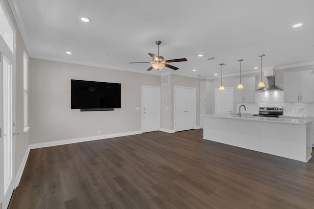 3115 Patcham Dr # 201, Nolensville, TN 37135 - unfurnished living room with ceiling fan, dark wood-type flooring, baseboards, recessed lighting, and ornamental molding