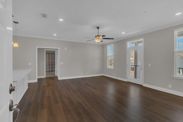 3115 Patcham Dr # 201, Nolensville, TN 37135 - unfurnished living room with a ceiling fan, dark wood finished floors, baseboards, recessed lighting, and crown molding