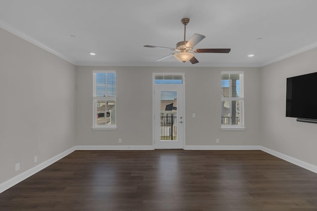 3115 Patcham Dr # 201, Nolensville, TN 37135 - unfurnished living room with ornamental molding, dark wood finished floors, a ceiling fan, baseboards, and recessed lighting