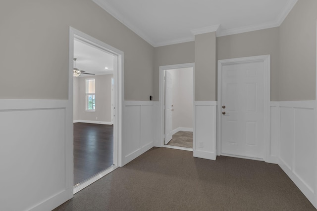 3115 Patcham Dr # 201, Nolensville, TN 37135 - unfurnished room featuring crown molding, a wainscoted wall, ceiling fan, dark colored carpet, and a decorative wall