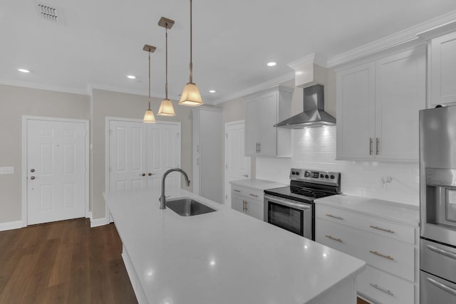 3115 Patcham Dr # 201, Nolensville, TN 37135 - kitchen with appliances with stainless steel finishes, a sink, wall chimney range hood, decorative backsplash, and a kitchen island with sink