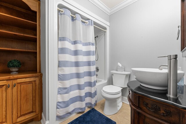 1408 Baker Ln, Lawrenceburg, TN 38464 - bathroom with ornamental molding, tile patterned floors, toilet, shower / tub combo with curtain, and baseboards