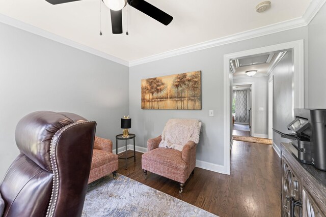 1408 Baker Ln, Lawrenceburg, TN 38464 - sitting room with attic access, crown molding, ceiling fan, wood finished floors, and baseboards