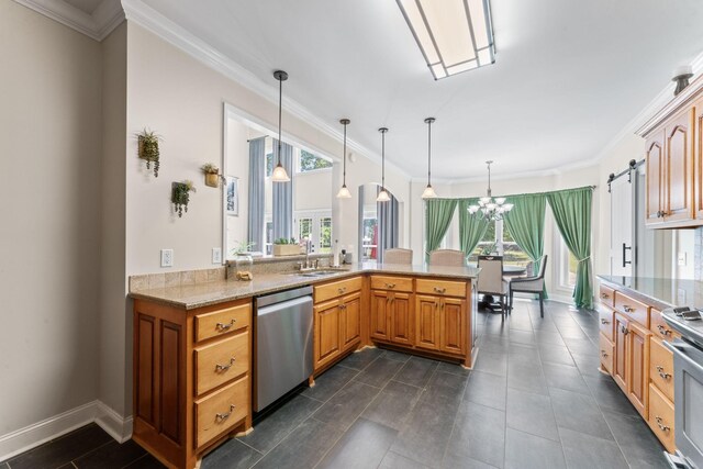 1408 Baker Ln, Lawrenceburg, TN 38464 - kitchen featuring stainless steel appliances, a sink, plenty of natural light, a chandelier, and ornamental molding