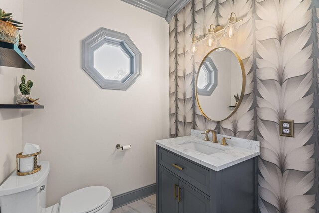 1408 Baker Ln, Lawrenceburg, TN 38464 - bathroom with toilet, marble finish flooring, vanity, ornamental molding, and baseboards