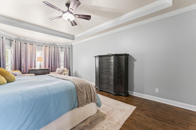 1408 Baker Ln, Lawrenceburg, TN 38464 - bedroom with crown molding, a raised ceiling, baseboards, dark wood-style floors, and a ceiling fan