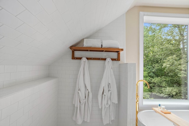 2974 W Mor Dr, Clarksville, TN 37043 - bathroom featuring vaulted ceiling, a freestanding bath, and healthy amount of natural light