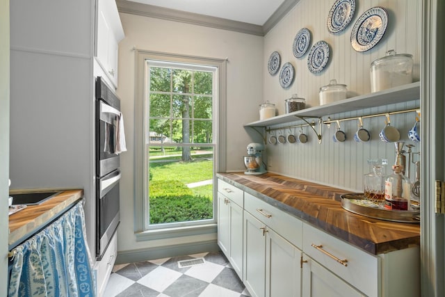2974 W Mor Dr, Clarksville, TN 37043 - kitchen featuring wooden counters, crown molding, white cabinets, open shelves, and stainless steel double oven