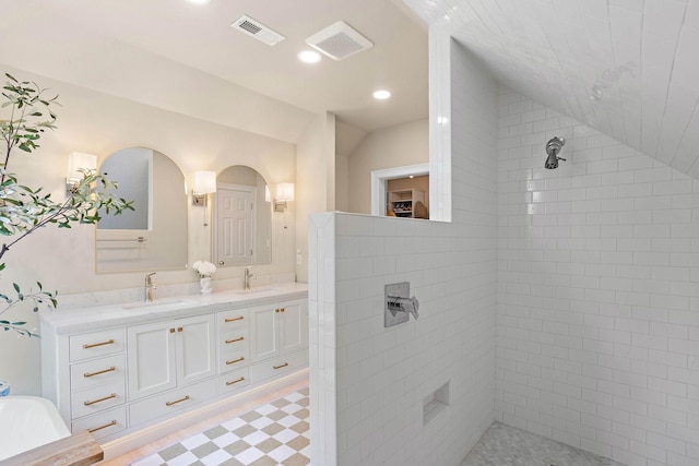 2974 W Mor Dr, Clarksville, TN 37043 - full bathroom featuring double vanity, tiled shower, vaulted ceiling, recessed lighting, and a tub