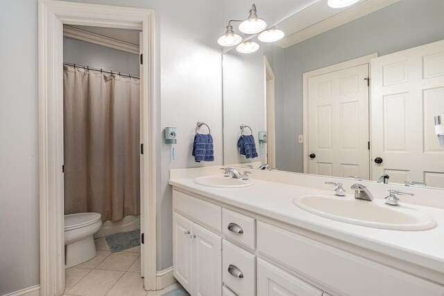 256 Scenic Dr, Dickson, TN 37055 - full bathroom with double vanity, tile patterned floors, toilet, ornamental molding, and a shower with shower curtain