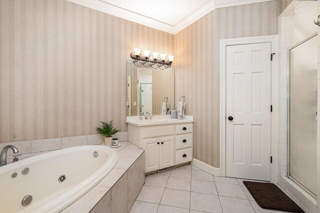 256 Scenic Dr, Dickson, TN 37055 - bathroom with wallpapered walls, a jetted tub, vanity, a shower stall, and crown molding