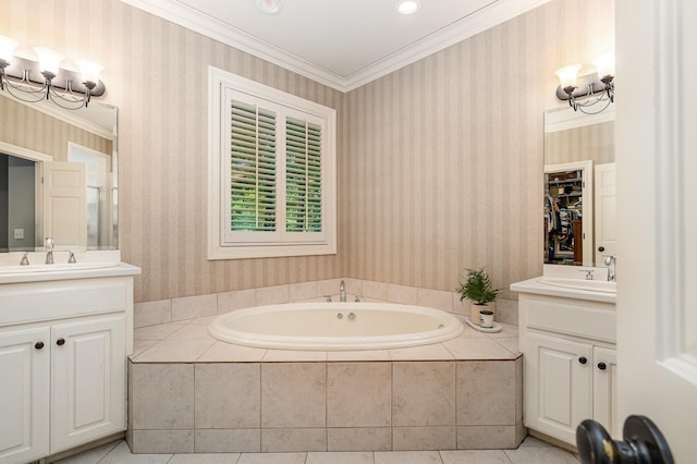 256 Scenic Dr, Dickson, TN 37055 - full bath featuring wallpapered walls, two vanities, a garden tub, tile patterned flooring, and crown molding