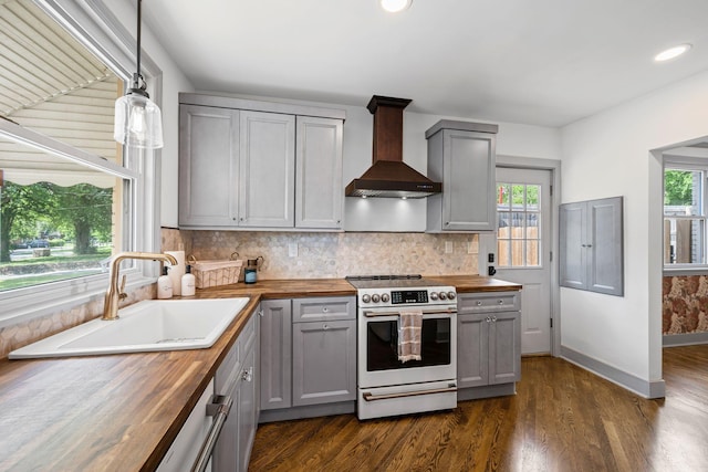 1607 Riverside Dr, Nashville, TN 37216 - kitchen with wooden counters, electric stove, wall chimney range hood, gray cabinets, and a sink