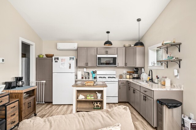 3269 Moodyville Rd, Byrdstown, TN 38549 - kitchen featuring white appliances, gray cabinets, open shelves, a sink, and a wall unit AC