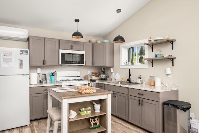 3269 Moodyville Rd, Byrdstown, TN 38549 - kitchen with open shelves, white appliances, gray cabinets, a wall mounted AC, and lofted ceiling