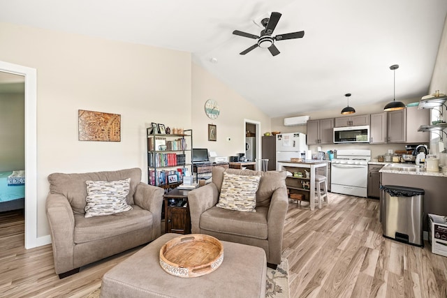 3269 Moodyville Rd, Byrdstown, TN 38549 - living area with ceiling fan, light wood-style floors, and high vaulted ceiling