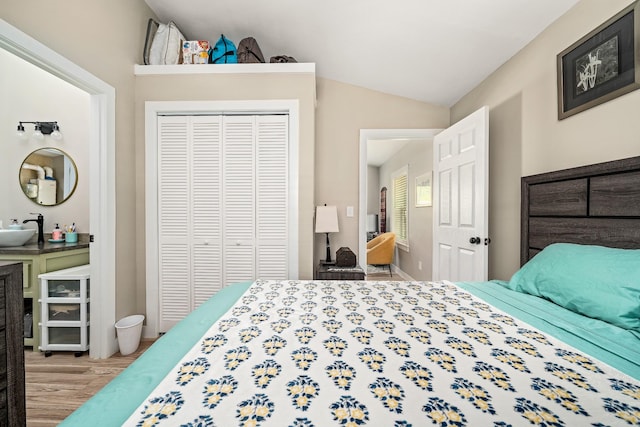 3269 Moodyville Rd, Byrdstown, TN 38549 - bedroom with a sink, wood finished floors, a closet, and lofted ceiling