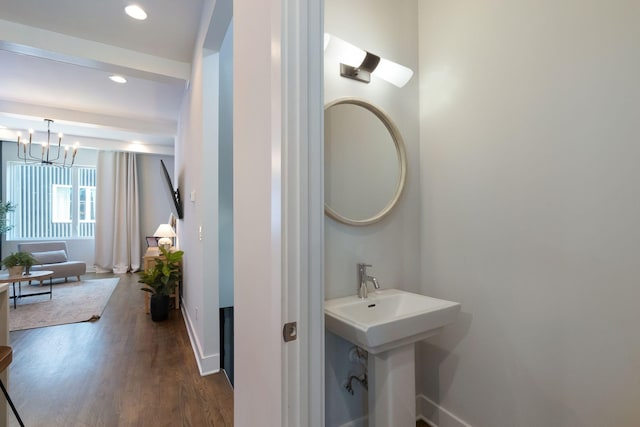 2910 Felicia St Unit 19, Nashville, TN 37209 - bathroom featuring wood finished floors, baseboards, a chandelier, recessed lighting, and a sink