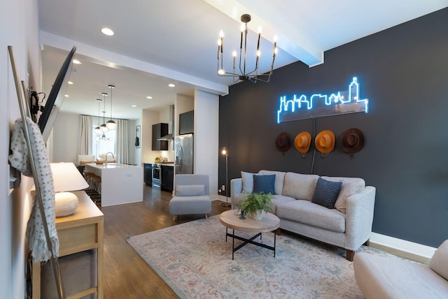 2910 Felicia St Unit 19, Nashville, TN 37209 - living room with a chandelier, dark wood finished floors, baseboards, recessed lighting, and beam ceiling