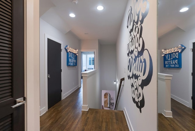 2910 Felicia St Unit 19, Nashville, TN 37209 - hallway with an upstairs landing, dark wood-style flooring, baseboards, and recessed lighting