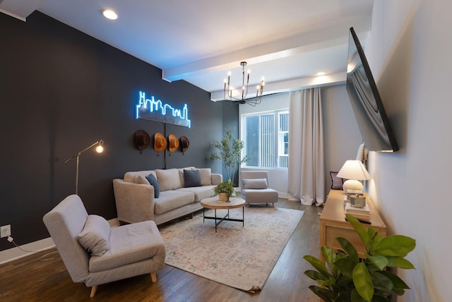 2910 Felicia St Unit 19, Nashville, TN 37209 - living area with a chandelier, beam ceiling, wood finished floors, recessed lighting, and baseboards