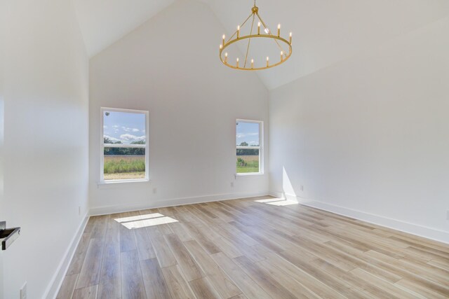 296 Lookout Dr, Winchester, TN 37398 - unfurnished living room with high vaulted ceiling, healthy amount of natural light, a chandelier, light wood-type flooring, and baseboards