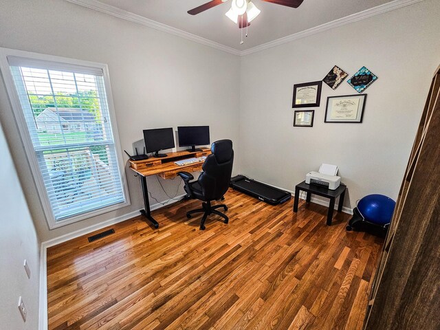 300 Woodson Dr, Tullahoma, TN 37388 - home office featuring wood finished floors, ornamental molding, a ceiling fan, and baseboards