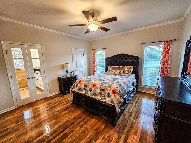 300 Woodson Dr, Tullahoma, TN 37388 - bedroom featuring french doors, wood-type flooring, crown molding, baseboards, and a ceiling fan