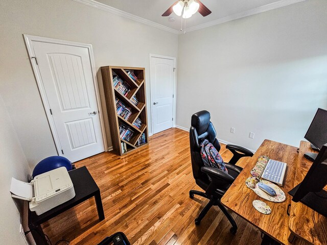 300 Woodson Dr, Tullahoma, TN 37388 - office featuring wood finished floors, ornamental molding, ceiling fan, and baseboards