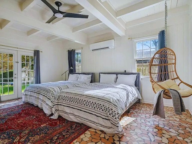 816 Charles Pl, Memphis, TN 38112 - bedroom featuring an AC wall unit, beam ceiling, french doors, a ceiling fan, and coffered ceiling