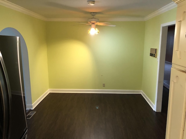 2026 Saundersville Ferry Rd, Mount Juliet, TN 37122 - empty room featuring ceiling fan, ornamental molding, dark wood-type flooring, and baseboards