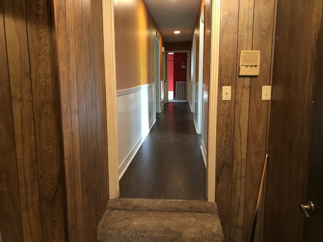 2026 Saundersville Ferry Rd, Mount Juliet, TN 37122 - hallway featuring a wainscoted wall, dark wood-style floors, and stairs