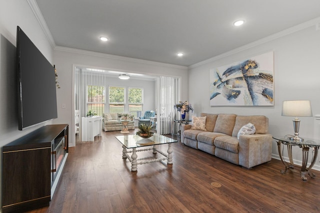 1763 Humphreys Gln, Spring Hill, TN 37174 - living area with ornamental molding, dark wood-style floors, baseboards, and recessed lighting
