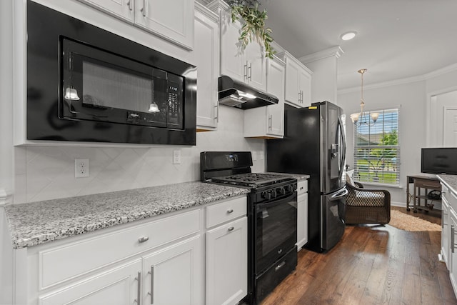 1763 Humphreys Gln, Spring Hill, TN 37174 - kitchen featuring black appliances, under cabinet range hood, ornamental molding, white cabinetry, and dark wood finished floors