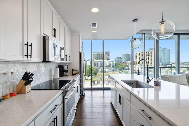1212 Laurel St Unit 615, Nashville, TN 37203 - kitchen featuring stainless steel appliances, expansive windows, a sink, backsplash, and a city view
