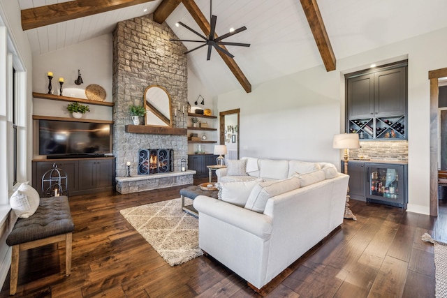 3166 Tanyard Hollow Rd, Culleoka, TN 38451 - living area with a bar, ceiling fan, wine cooler, a fireplace, and beam ceiling