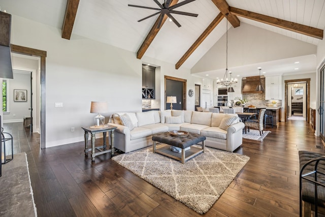 3166 Tanyard Hollow Rd, Culleoka, TN 38451 - living room with ceiling fan, a chandelier, baseboards, dark wood finished floors, and beamed ceiling